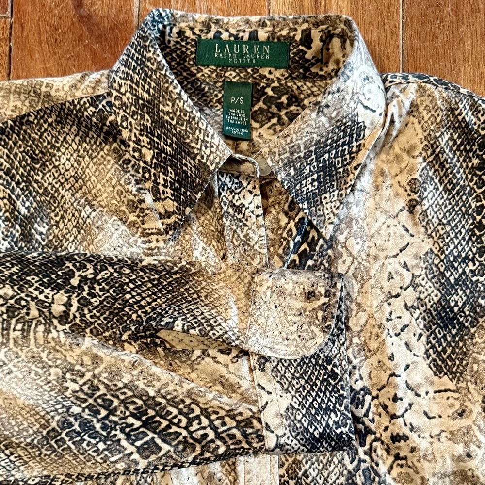 Ralph Lauren Faux Snakeskin Slim Fit Oxford Button Down 3/4 Sleeve Women Sz S
